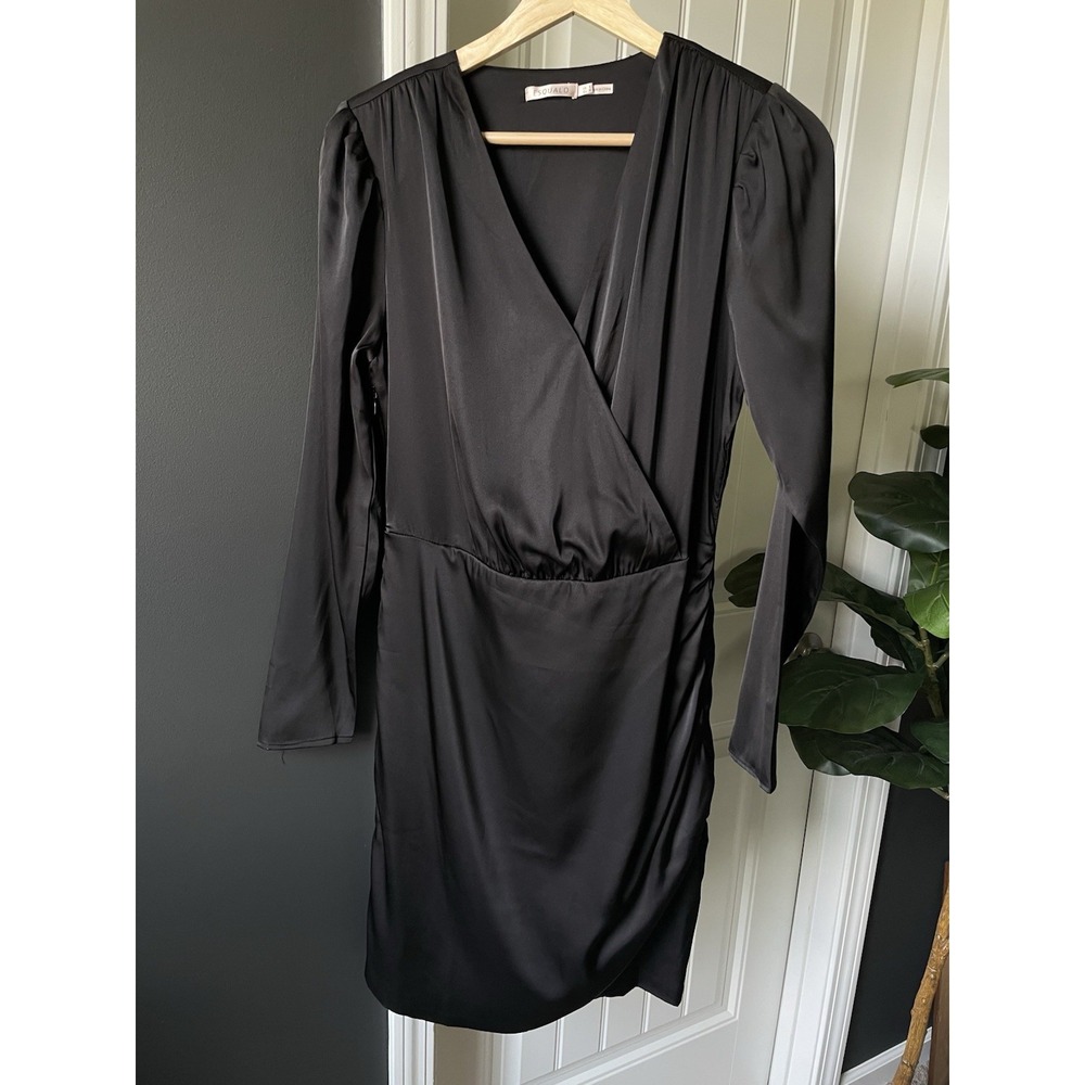 Esqualo Overlap Gathering Mini Dress Black Satin V-Neck L/S Ruched US 6 EU 36